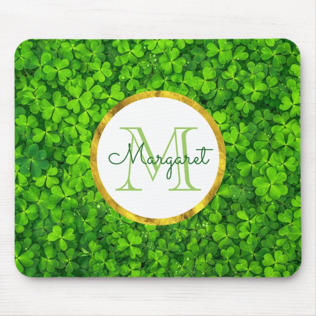 Green Clovers with FAUX Gold Foil Frame Monogram Mouse Mat (Front)