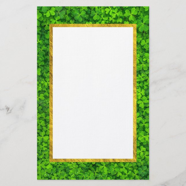Green Clovers with FAUX Gold Foil Frame Stationery (Front)