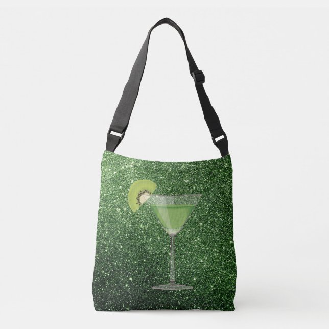 Green Cocktail w/Kiwi Faux Glitter Crossbody Bag (Front)