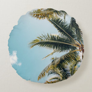 Green coconut trees round cushion