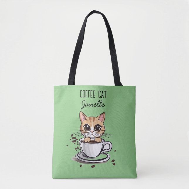 Green Coffee Cat Funny Tote Bag (Front)