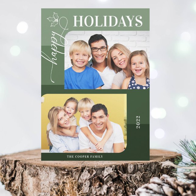 Green Color Block Happy Holidays 2 Photos Holiday Card (Creator Uploaded)