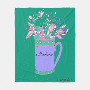 Green Colorful Flowers In Mug womens Fleece Blanket