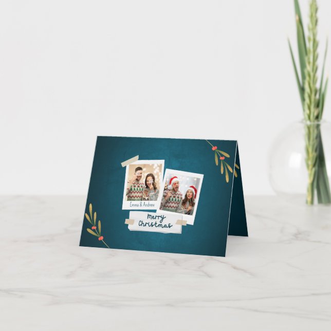 Green Colour Christmas Photo Card with Greetings (Front)