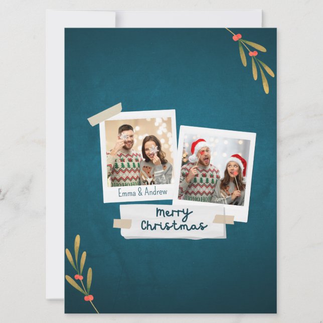 Green Colour Christmas Photo Card with Greetings (Front)