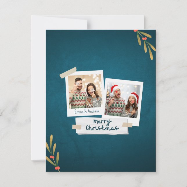 Green Colour Christmas Photo Card with Greetings (Front)