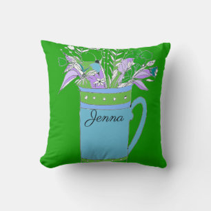 Green Colourful Flowers In A Mug Original Design Cushion
