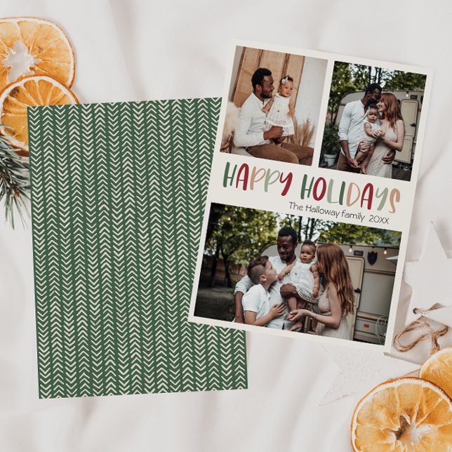Green Colourful Happy Holidays Bold Three Photo Holiday Card (Creator Uploaded)