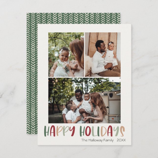 Green Colourful Happy Holidays Vertical 3 Photo Holiday Card (Front/Back)