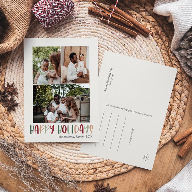Green Colourful Happy Holidays Vertical 3 Photo Holiday Postcard (Creator Uploaded)
