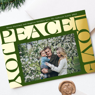 Green colourful LOVE PEACE JOY one photo frame Foil Holiday Card