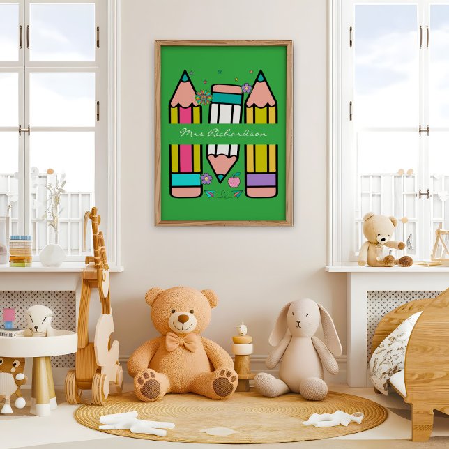 Green Colourful Teacher Cartoon Pencil Poster (Creator Uploaded)