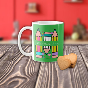Green Colourful teacher name pencil cartoon  Coffee Mug