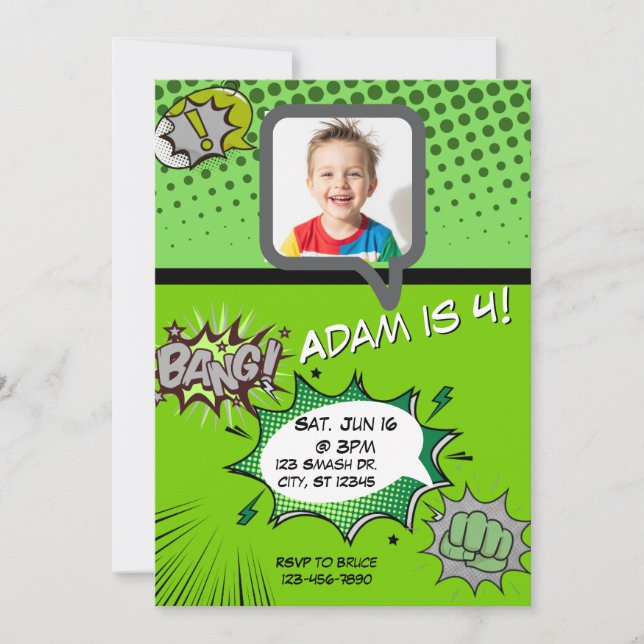 Green comic birthday invitation (Front)