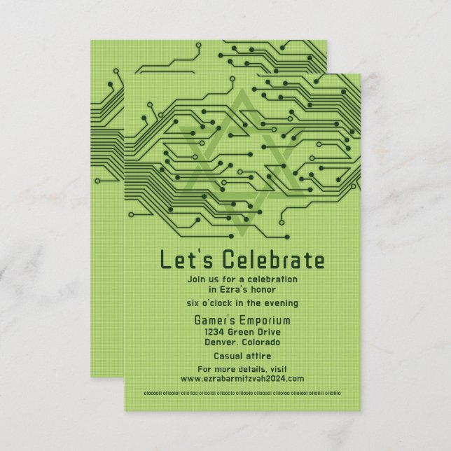 Green Computer Circuit Board Bar Mitzvah Reception Enclosure Card (Front/Back)