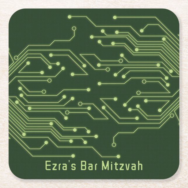 Green Computer Circuit Board Bar Mitzvah Square Paper Coaster (Front)