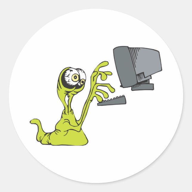 green computer typing alien monster blob classic round sticker (Front)