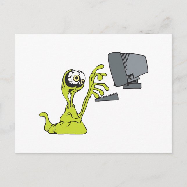 green computer typing alien monster blob postcard (Front)