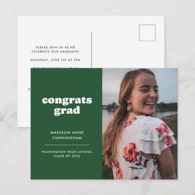 Green Congrats Grad Photo Graduation Invitation Postcard (Front/Back)