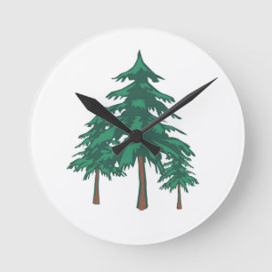 Green conifer trees round clock