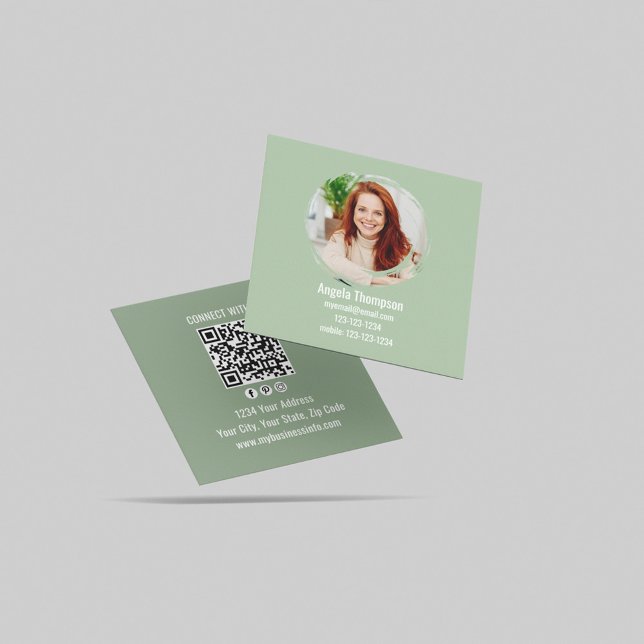 Green Connect with Me Photo QR Code  Square Business Card (Green business cards with photo and QR code templates.)
