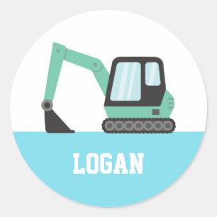 Green Construction Excavator Kids Personalised Classic Round Sticker
