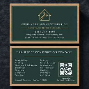 Green Construction Handyman QR Code Professional Business Card