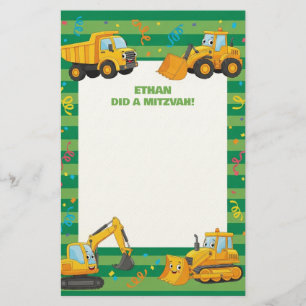 Green Construction Trucks Custom Name Mitzvah Note Stationery
