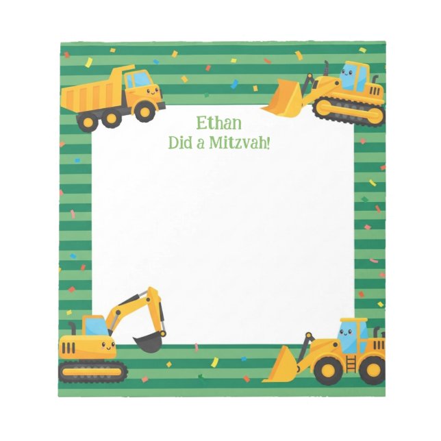 Green Construction Trucks Personalised Mitzvah Notepad (Front)
