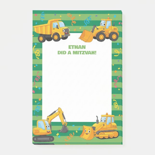 Green Construction Trucks Personalised Mitzvah  Post-it Notes (Front)