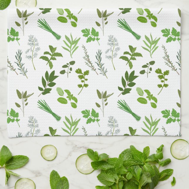 Green Cooking Culinary Garden Herbs Cooking Tea Towel (Folded)