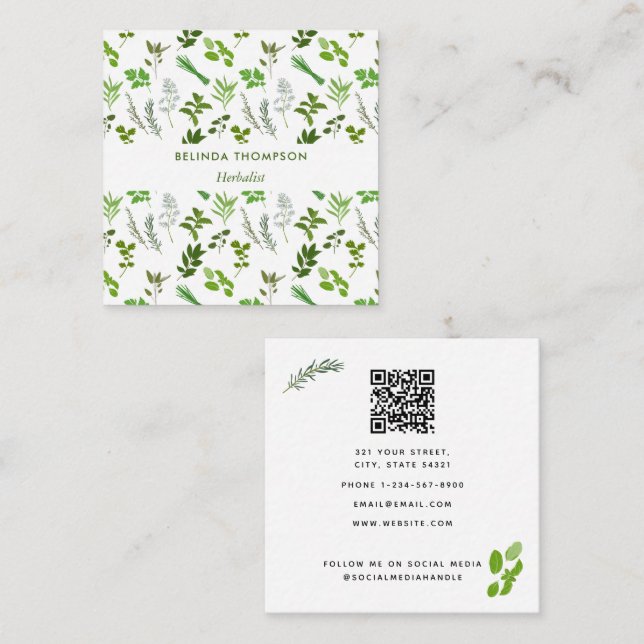 Green Cooking Culinary Garden Herbs QR Code Square Business Card (Front/Back)