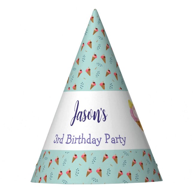 Green Cool Ice Cream Cone Boys Birthday Party Hat (Front)