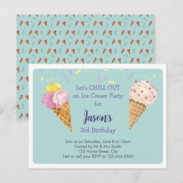 Green Cool Ice Cream Kids Birthday Party Invitation Postcard (Front/Back)