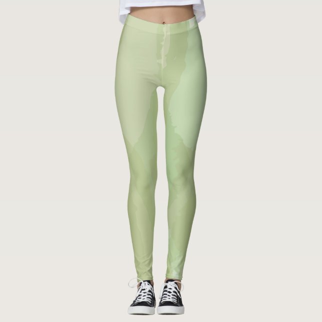 Green, cool, trendy watercolor abstract pattern leggings (Front)
