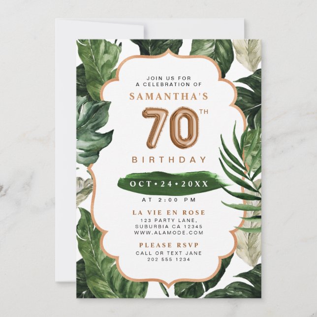 Green & Copper Tropical Leaves 70th Birthday Invitation (Front)