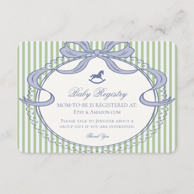 Green Coquette Bow Rocking Horse Baby Registry Enclosure Card (Front)