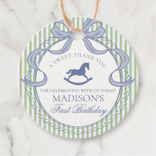 Green Coquette Bow Rocking Horse Birthday Circle Favour Tags