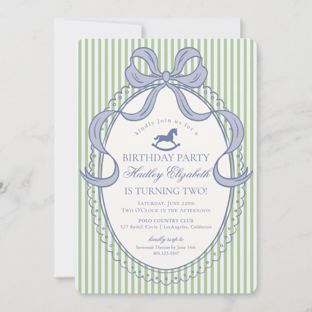 Green Coquette Bow Rocking Horse Birthday Invitation (Front)