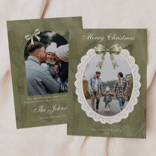 Green Coquette Bow Scalloped Lace Frame Arch Photo Holiday Card