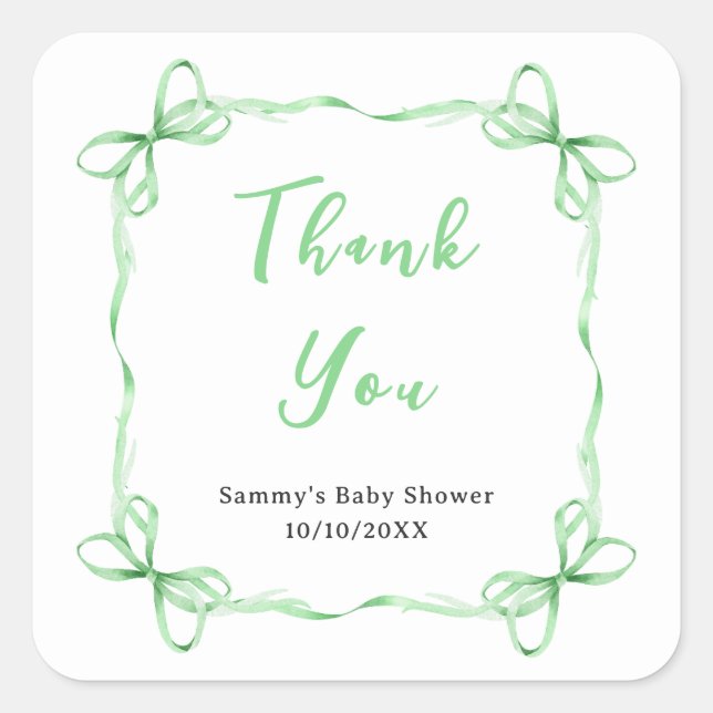 Green Coquette Ribbon Baby Shower Thank You Square Sticker (Front)