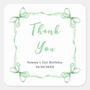 Green Coquette Ribbon Birthday Party Thank You Square Sticker