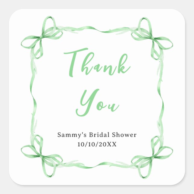 Green Coquette Ribbon Bridal Shower Thank You Square Sticker (Front)
