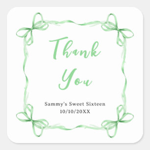 Green Coquette Ribbon Sweet Sixteen Thank You Square Sticker