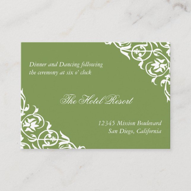Green corner scroll wedding reception enclosure card (Front)