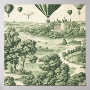 Green Countryside Hot Air Balloon Toile (11) Poster