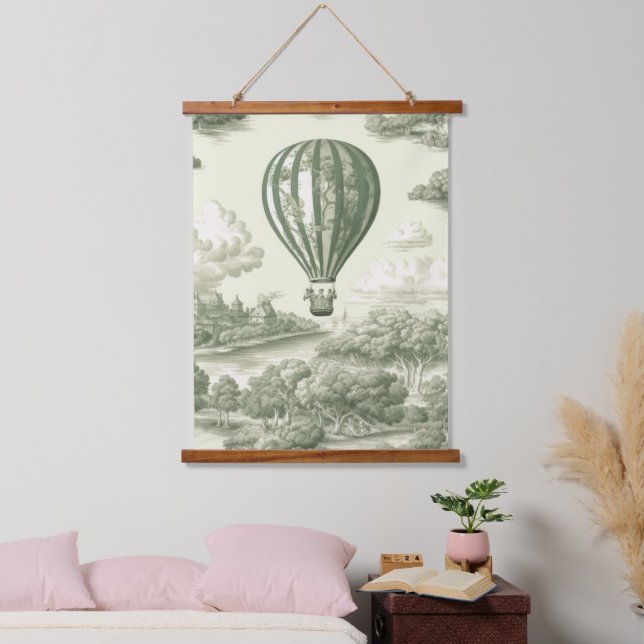 Green Countryside Hot Air Balloon Toile (1) Hanging Tapestry (Bedroom)
