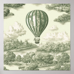 Green Countryside Hot Air Balloon Toile (1) Poster
