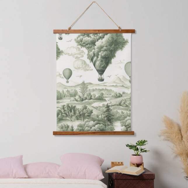 Green Countryside Hot Air Balloon Toile (3) Hanging Tapestry (Bedroom)