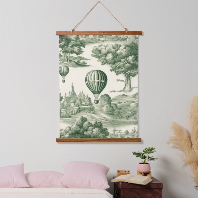 Green Countryside Hot Air Balloon Toile (4) Hanging Tapestry (Bedroom)